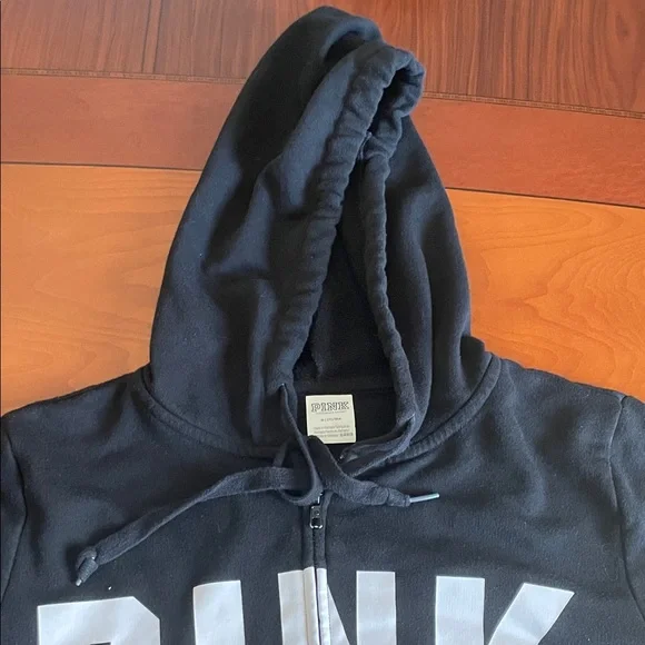 PINK Victoria's Secret Black Zip Front Hoodie with White Logo - Picture 4 of 12